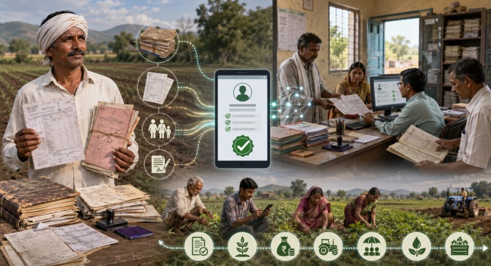 सातबारा व इतर जमीन अभिलेखातील त्रुटींमुळे Farmer ID न मिळालेल्या महाराष्ट्रातील शेतकऱ्यांसाठी दस्तऐवज पडताळणी आणि AgriStack नोंदणीची प्रक्रिया दर्शविणारे प्रतीकात्मक चित्र.