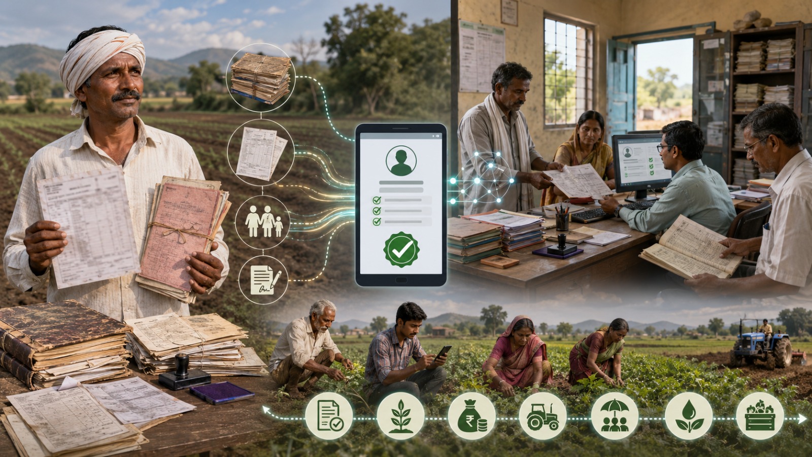 सातबारा व इतर जमीन अभिलेखातील त्रुटींमुळे Farmer ID न मिळालेल्या महाराष्ट्रातील शेतकऱ्यांसाठी दस्तऐवज पडताळणी आणि AgriStack नोंदणीची प्रक्रिया दर्शविणारे प्रतीकात्मक चित्र.