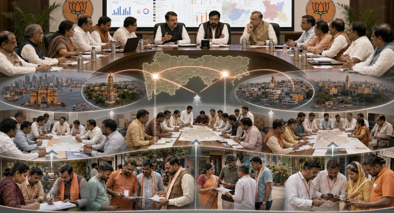 महाराष्ट्रातील मुंबई, नाशिक, सोलापूर आणि नागपूर येथील विभागनिहाय बैठका, बूथ कार्यकर्ते आणि संघटनात्मक आढावा दर्शविणारे भाजपच्या SIR रणनीतीचे प्रतीकात्मक चित्र.