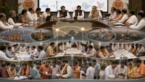 महाराष्ट्रातील मुंबई, नाशिक, सोलापूर आणि नागपूर येथील विभागनिहाय बैठका, बूथ कार्यकर्ते आणि संघटनात्मक आढावा दर्शविणारे भाजपच्या SIR रणनीतीचे प्रतीकात्मक चित्र.