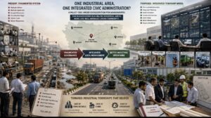 महाराष्ट्रातील MIDC औद्योगिक क्षेत्रांसाठी प्रस्तावित इंडस्ट्रियल टाऊनशिप मॉडेलचे चित्रण; चाकणमध्ये विखुरलेल्या नागरी व्यवस्थेऐवजी रस्ते, ड्रेनेज, कचरा, प्रकाशयोजना आणि वाहतूक व्यवस्थापनासाठी एकात्मिक प्रशासनाची संकल्पना.