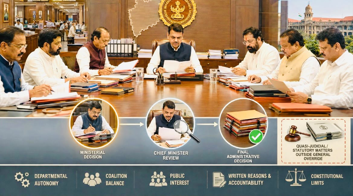 महाराष्ट्र शासन कार्यपद्धती नियम २०२६ अंतर्गत मंत्र्यांच्या निर्णयांवरील मुख्यमंत्री देवेंद्र फडणवीस यांच्या देखरेख, सार्वजनिक हितातील फेरतपासणी आणि महायुतीतील सत्तासंतुलनाचे प्रतीकात्मक चित्र.