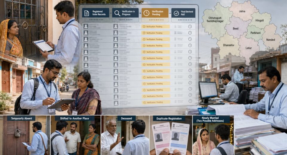 मराठवाड्यात SIR मोहिमेत मतदार पडताळणी करताना BLO अधिकारी, verification pending मतदार नोंदी आणि आठ जिल्ह्यांचा नकाशा