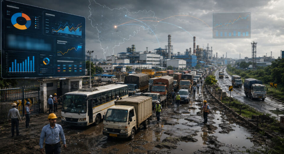 चाकण MIDCमधील खराब रस्ते, खड्डे, वाहतूक कोंडी आणि औद्योगिक परिसराच्या पार्श्वभूमीवर महाराष्ट्राच्या उद्योग आकडेवारी आणि प्रत्यक्ष पायाभूत समस्यांतील विरोधाभास दर्शविणारे प्रतीकात्मक चित्र.