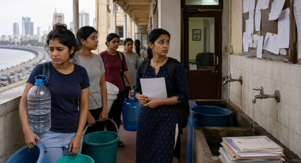 Editorial illustration showing women students facing water shortage and inadequate basic facilities at a Mumbai university hostel