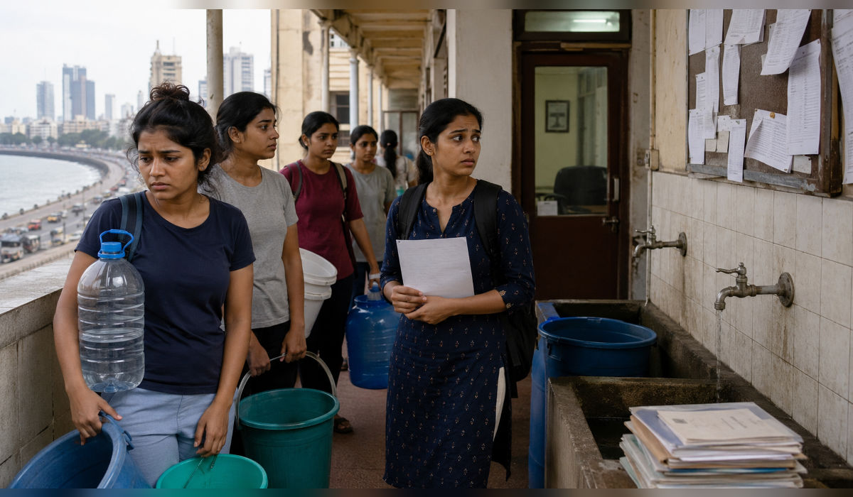 Editorial illustration showing women students facing water shortage and inadequate basic facilities at a Mumbai university hostel