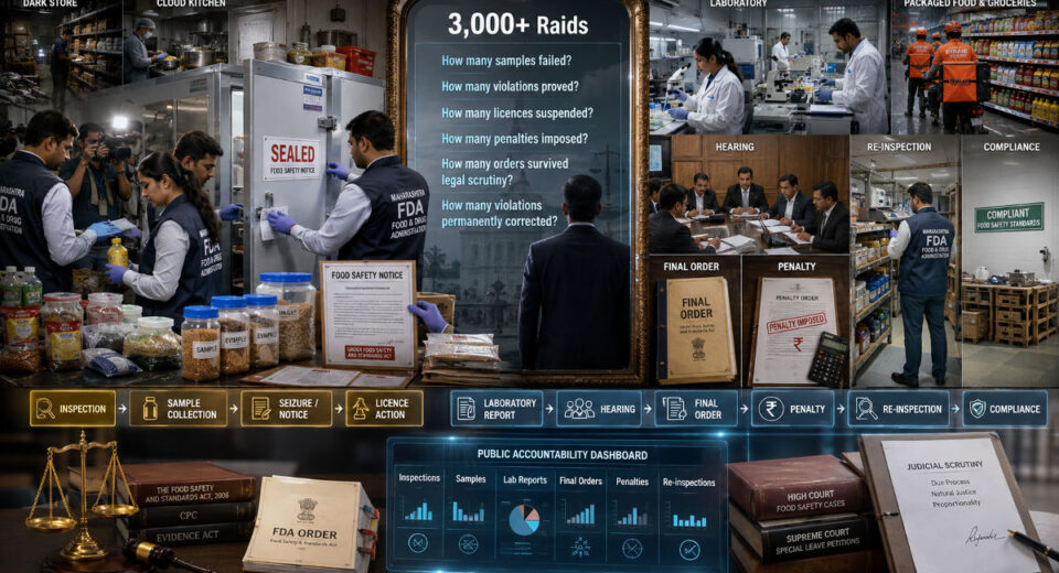 Maharashtra FDA food-safety inspections and laboratory testing illustrated alongside the accountability process from raids and sample collection to final orders, penalties and compliance.