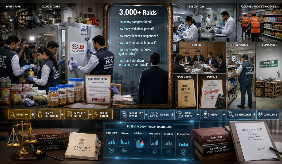 Maharashtra FDA food-safety inspections and laboratory testing illustrated alongside the accountability process from raids and sample collection to final orders, penalties and compliance.