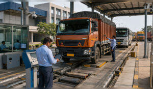महाराष्ट्रातील ऑटोमेटेड टेस्टिंग स्टेशनमध्ये आरटीओ अधिकाऱ्यांकडून व्यावसायिक ट्रक आणि बसची फिटनेस तपासणी सुरू असल्याचे प्रतिनिधिक चित्र.