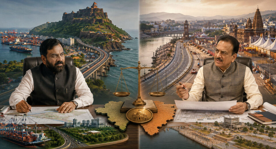 रायगडचे पालकमंत्री भरत गोगावले आणि नाशिकचे पालकमंत्री गिरीश महाजन यांच्या नियुक्तीच्या पार्श्वभूमीवर महायुतीतील सत्तासमतोलाचे प्रतीकात्मक चित्र.