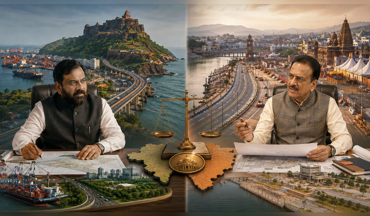 रायगडचे पालकमंत्री भरत गोगावले आणि नाशिकचे पालकमंत्री गिरीश महाजन यांच्या नियुक्तीच्या पार्श्वभूमीवर महायुतीतील सत्तासमतोलाचे प्रतीकात्मक चित्र.