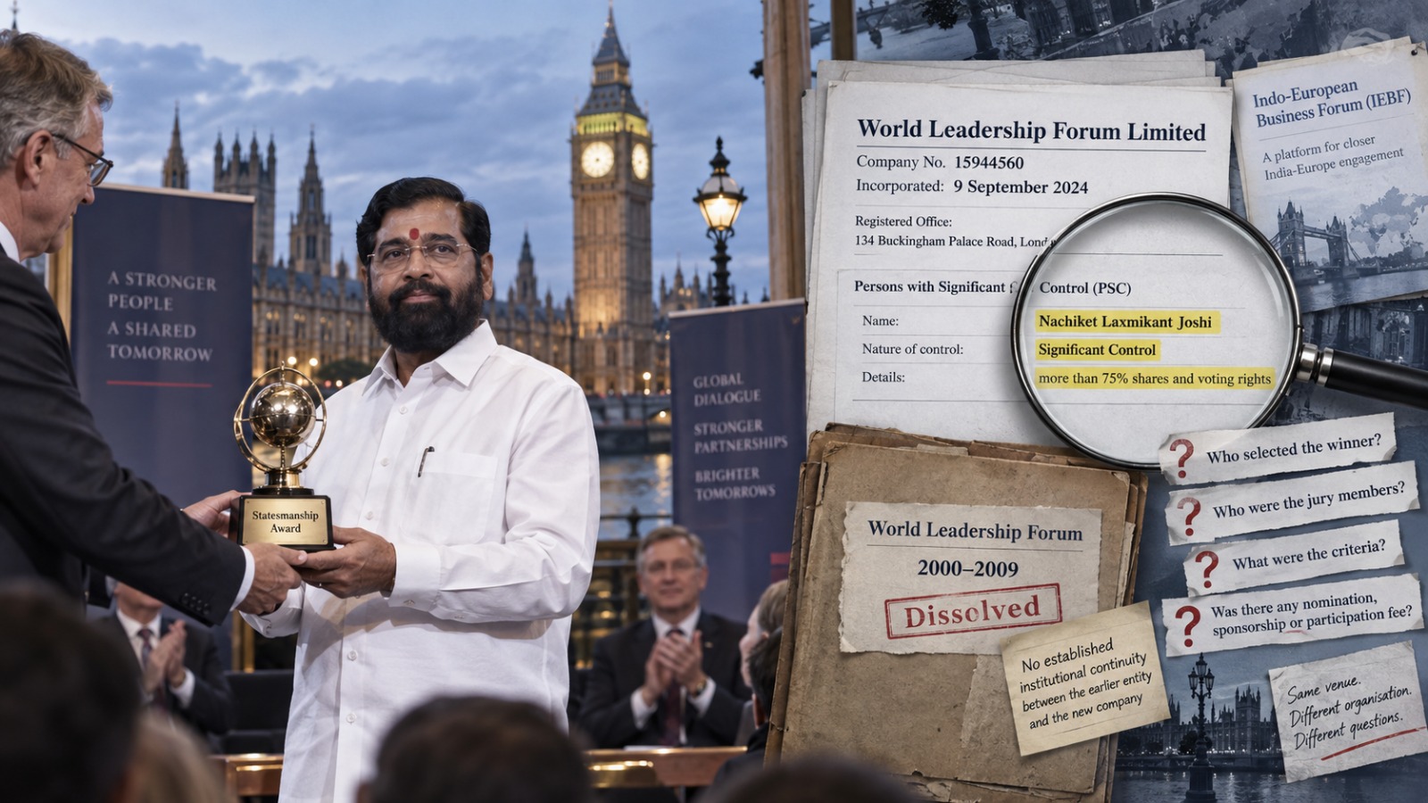 एकनाथ शिंदे यांच्या लंडन Statesmanship Award सोहळ्याच्या पार्श्वभूमीवर World Leadership Forum Limitedची कंपनी नोंदणी, नियंत्रण आणि पुरस्कार निवड प्रक्रियेवरील प्रश्न दर्शवणारे संपादकीय चित्रण