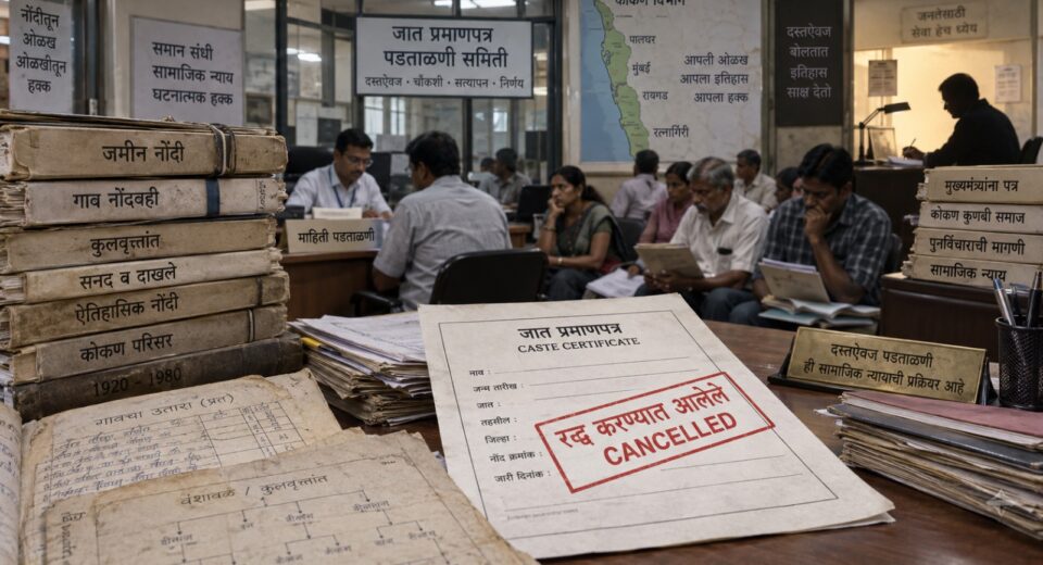 विशाखा राऊत यांच्या कुणबी जात प्रमाणपत्र प्रकरणाच्या पार्श्वभूमीवर कोकणातील जात प्रमाणपत्र पडताळणी, जुन्या नोंदी आणि कुणबी समाजाच्या ओळखीचा प्रश्न दर्शवणारे सांकेतिक चित्र
