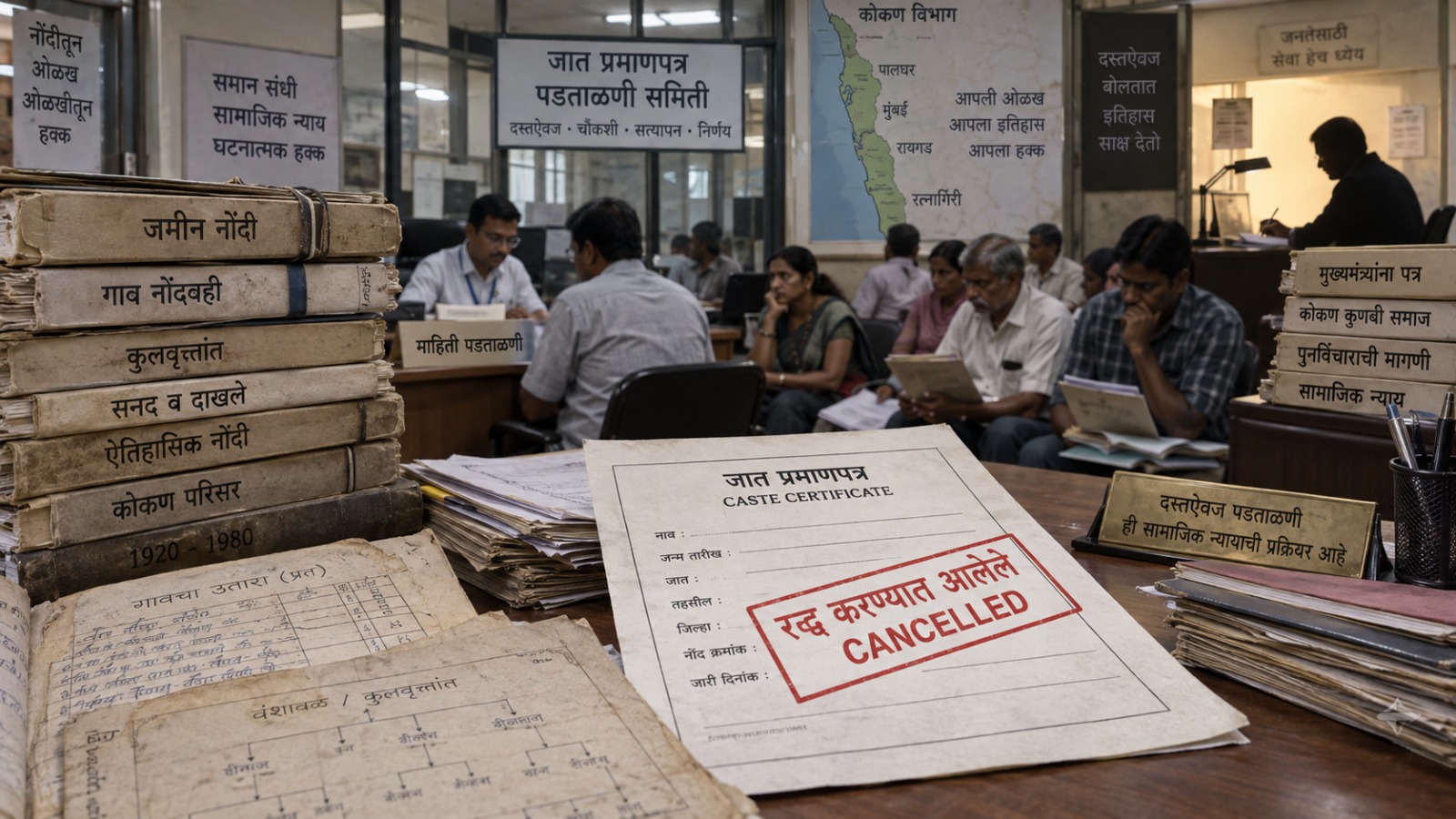 विशाखा राऊत यांच्या कुणबी जात प्रमाणपत्र प्रकरणाच्या पार्श्वभूमीवर कोकणातील जात प्रमाणपत्र पडताळणी, जुन्या नोंदी आणि कुणबी समाजाच्या ओळखीचा प्रश्न दर्शवणारे सांकेतिक चित्र