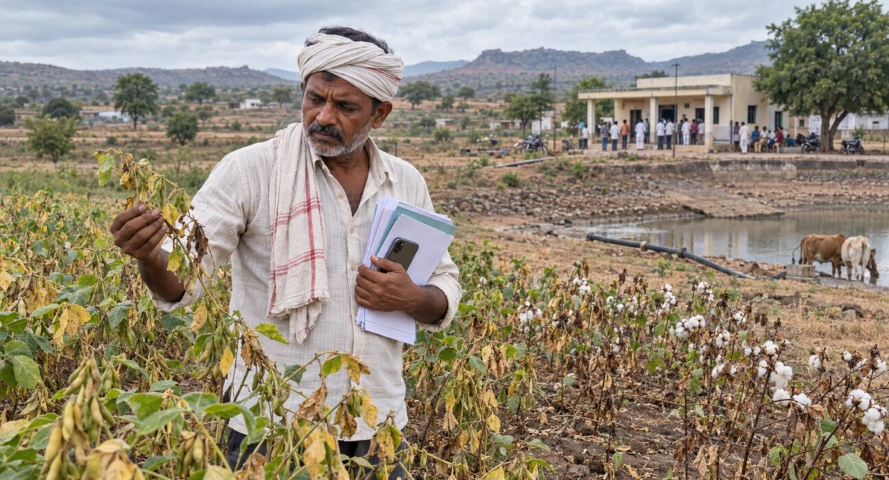 मराठवाड्यात दुष्काळी परिस्थितीत नुकसान झालेल्या सोयाबीन आणि कापूस पिकांची पाहणी करत पीक विम्याची कागदपत्रे हातात घेतलेला शेतकरी