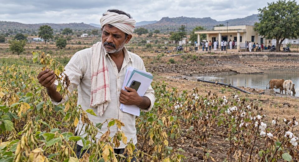 मराठवाड्यात दुष्काळी परिस्थितीत नुकसान झालेल्या सोयाबीन आणि कापूस पिकांची पाहणी करत पीक विम्याची कागदपत्रे हातात घेतलेला शेतकरी