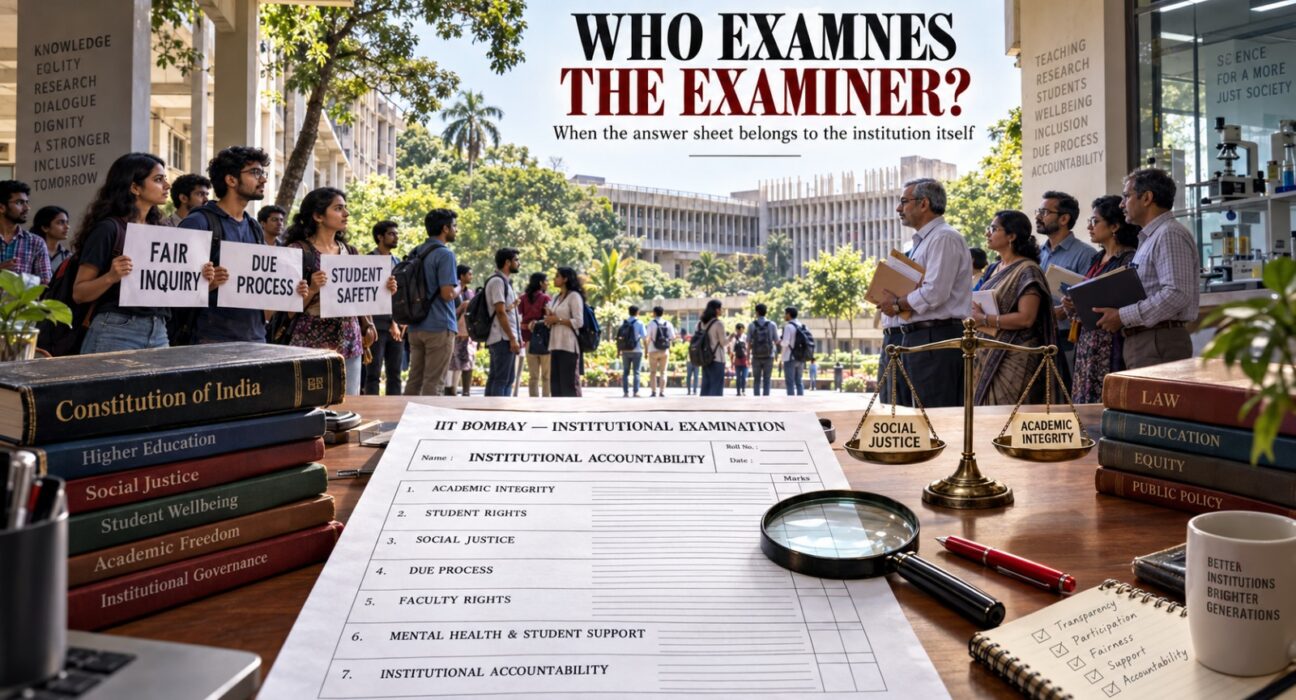 IIT Bombay institutional accountability editorial illustration showing an examination sheet on student rights, academic integrity, social justice and due process