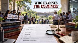 IIT Bombay institutional accountability editorial illustration showing an examination sheet on student rights, academic integrity, social justice and due process