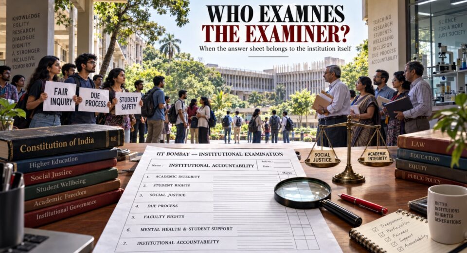 IIT Bombay institutional accountability editorial illustration showing an examination sheet on student rights, academic integrity, social justice and due process