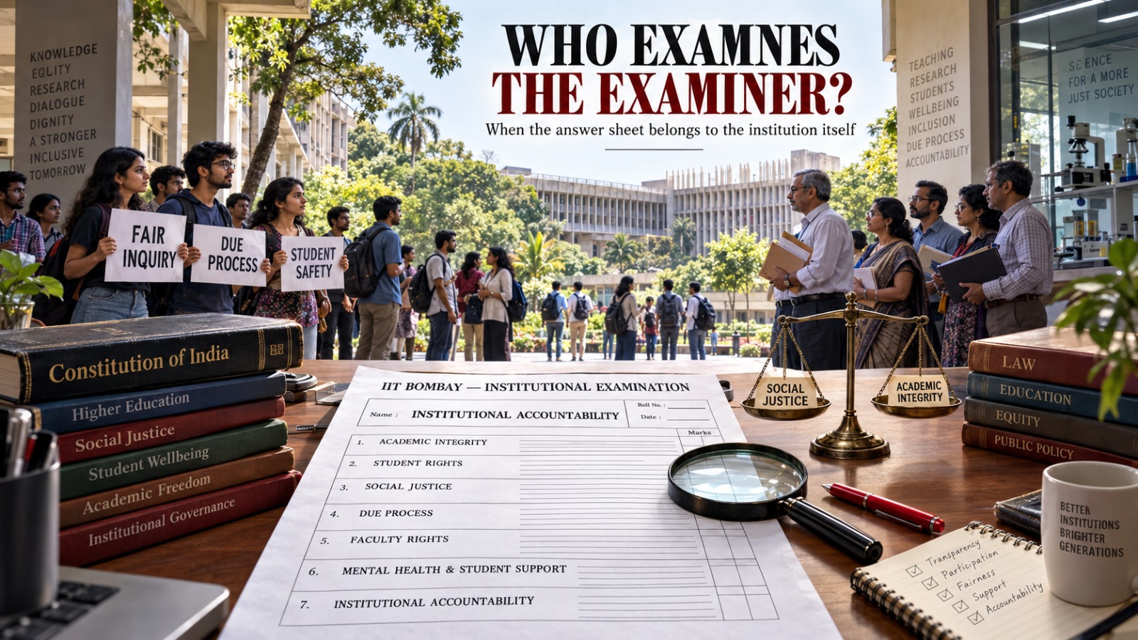 IIT Bombay institutional accountability editorial illustration showing an examination sheet on student rights, academic integrity, social justice and due process