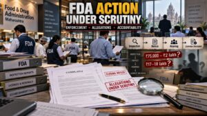 FDA अधिकाऱ्यांवरील कथित वसुलीच्या आरोपांची चौकशी दर्शविणारे संपादकीय चित्र