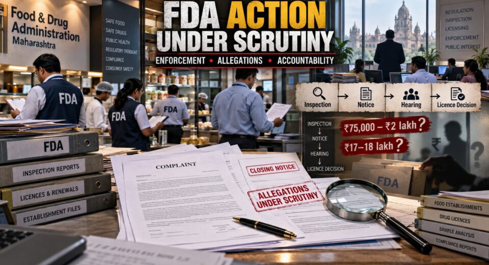 FDA अधिकाऱ्यांवरील कथित वसुलीच्या आरोपांची चौकशी दर्शविणारे संपादकीय चित्र