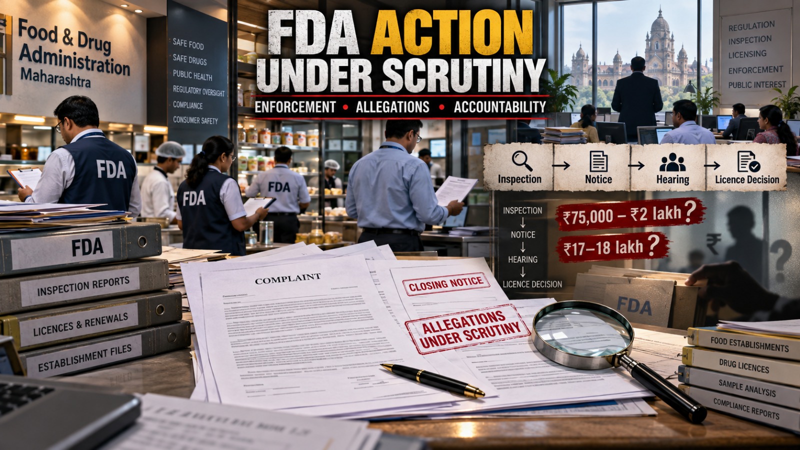 FDA अधिकाऱ्यांवरील कथित वसुलीच्या आरोपांची चौकशी दर्शविणारे संपादकीय चित्र