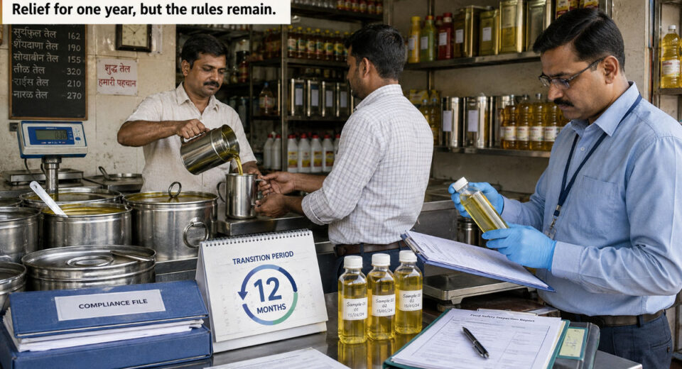 Maharashtra loose edible oil shop with FDA inspection and 12-month transition period for traders to comply with food safety rules