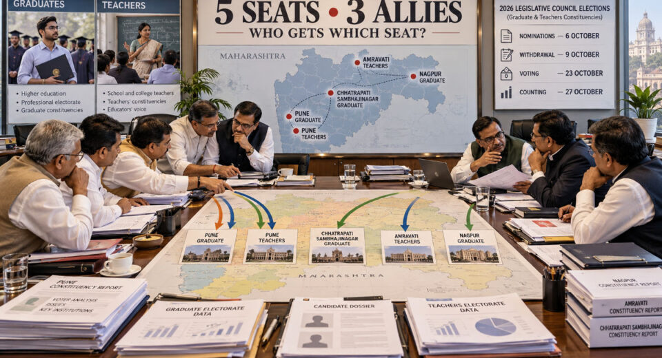 महाराष्ट्र विधान परिषद निवडणुकीतील पाच पदवीधर व शिक्षक मतदारसंघांच्या जागावाटपावर महायुतीतील तीन घटक पक्षांमध्ये सुरू असलेल्या चर्चेचे प्रातिनिधिक चित्र.