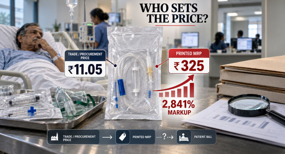 ₹11.05 trade price आणि ₹325 printed MRP असलेल्या IV Setमधील 2841 टक्के markup दर्शवणारे वैद्यकीय साहित्याच्या किंमत-रचनेवरील संपादकीय चित्र