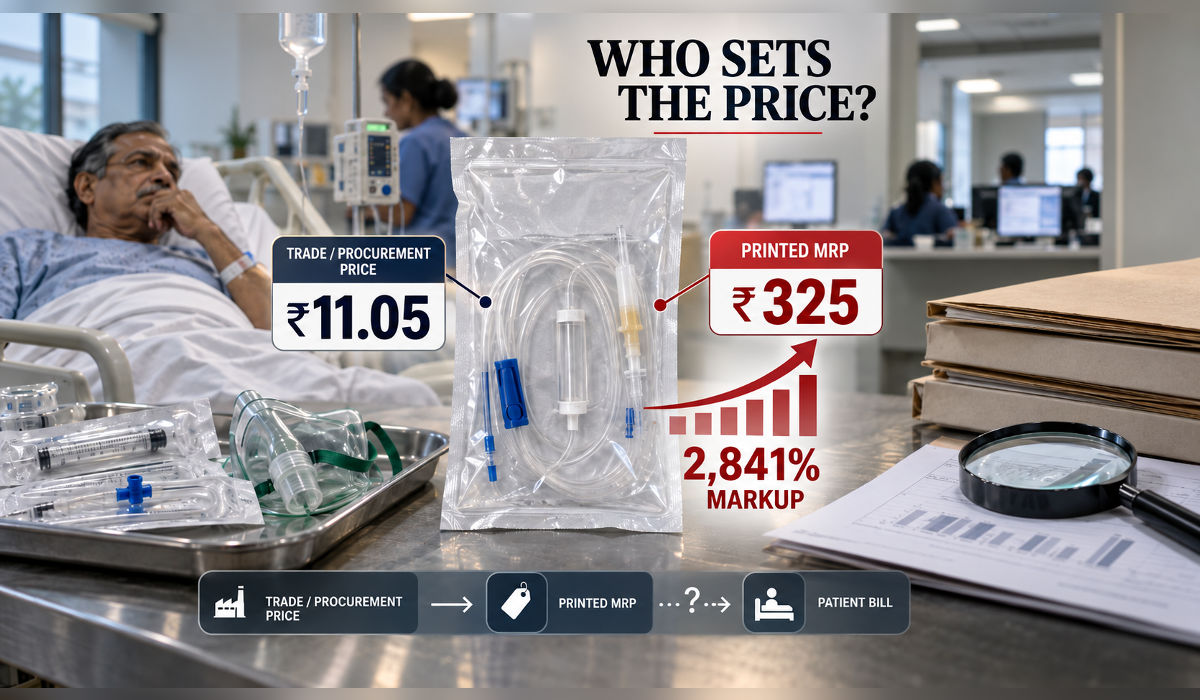 ₹11.05 trade price आणि ₹325 printed MRP असलेल्या IV Setमधील 2841 टक्के markup दर्शवणारे वैद्यकीय साहित्याच्या किंमत-रचनेवरील संपादकीय चित्र