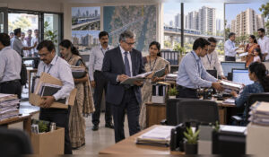 Editorial illustration showing a surprise inspection at MMRDA’s Social Development Department as officials hand over files, a new team takes charge and project-affected families receive rehabilitation housing.