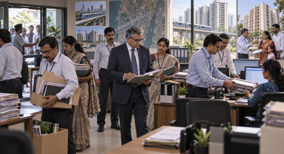 Editorial illustration showing a surprise inspection at MMRDA’s Social Development Department as officials hand over files, a new team takes charge and project-affected families receive rehabilitation housing.