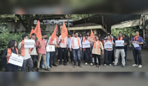 ABVP activists protest outside Tata Institute of Social Sciences Mumbai demanding better emergency medical facilities for students