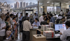 Editorial illustration showing project-affected families at an MMRDA-style rehabilitation office as security tightens access and officials scrutinise housing-allotment records amid concerns over agents and bogus beneficiaries.
