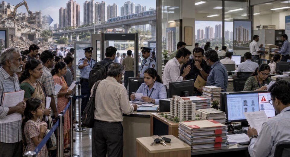 Editorial illustration showing project-affected families at an MMRDA-style rehabilitation office as security tightens access and officials scrutinise housing-allotment records amid concerns over agents and bogus beneficiaries.