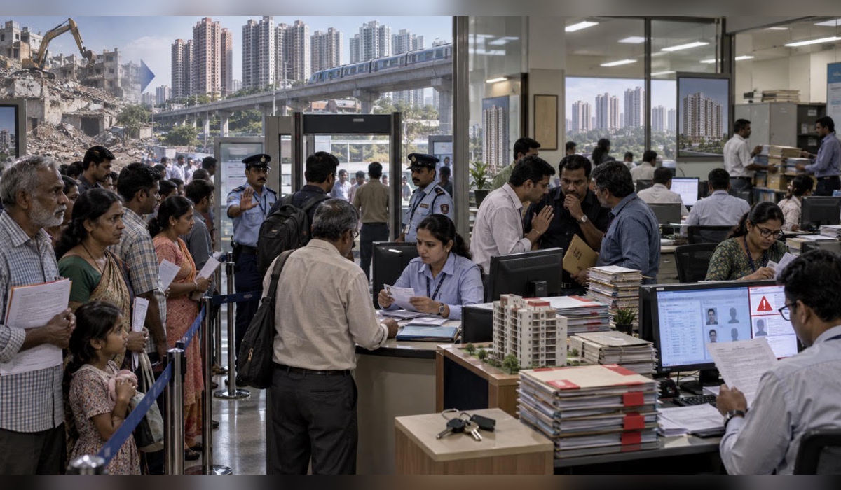 Editorial illustration showing project-affected families at an MMRDA-style rehabilitation office as security tightens access and officials scrutinise housing-allotment records amid concerns over agents and bogus beneficiaries.