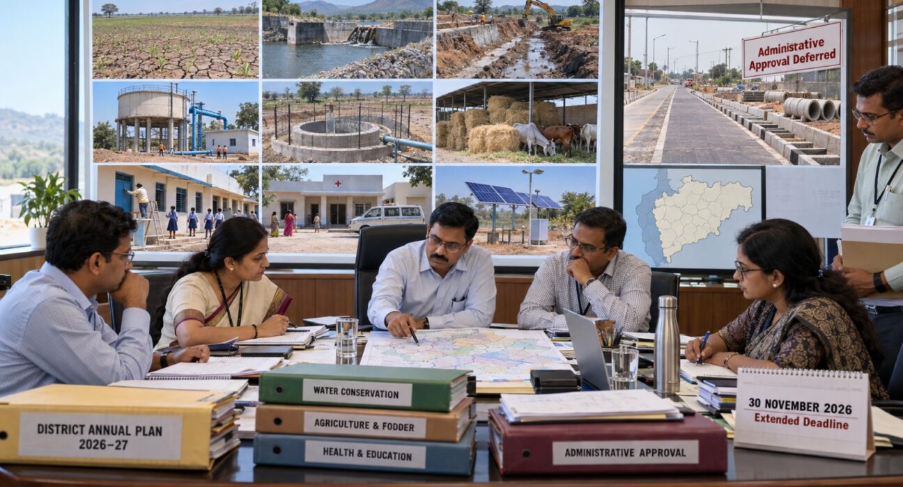 दुष्काळसदृश परिस्थितीत महाराष्ट्राच्या जिल्हा वार्षिक योजना 2026-27 अंतर्गत जलसंधारण, शेती, आरोग्य आणि शिक्षणाच्या कामांना प्राधान्य दर्शवणारे संपादकीय चित्र