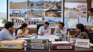 दुष्काळसदृश परिस्थितीत महाराष्ट्राच्या जिल्हा वार्षिक योजना 2026-27 अंतर्गत जलसंधारण, शेती, आरोग्य आणि शिक्षणाच्या कामांना प्राधान्य दर्शवणारे संपादकीय चित्र