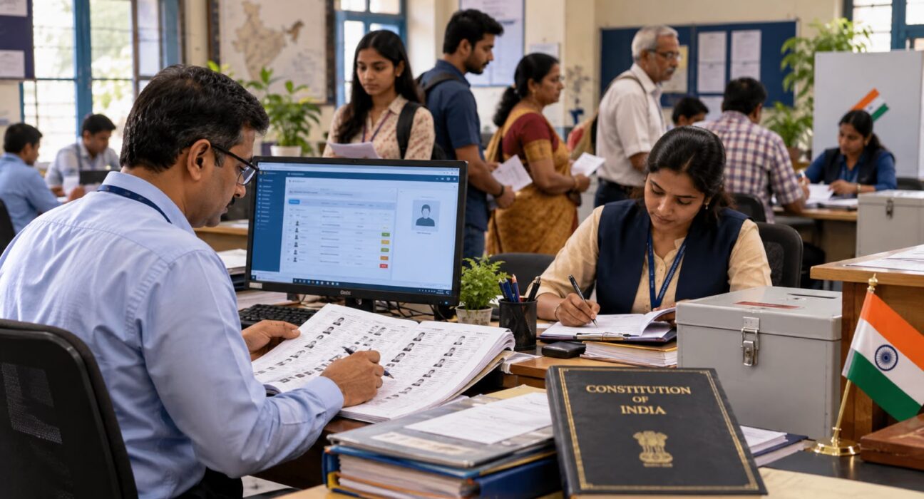 भारतीय निवडणूक कार्यालयात मतदार याद्यांची तपासणी, डिजिटल नोंदणी आणि प्रत्यक्ष पडताळणी करताना अधिकारी यांचे प्रातिनिधिक चित्र