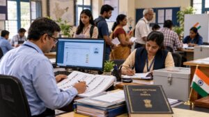 भारतीय निवडणूक कार्यालयात मतदार याद्यांची तपासणी, डिजिटल नोंदणी आणि प्रत्यक्ष पडताळणी करताना अधिकारी यांचे प्रातिनिधिक चित्र