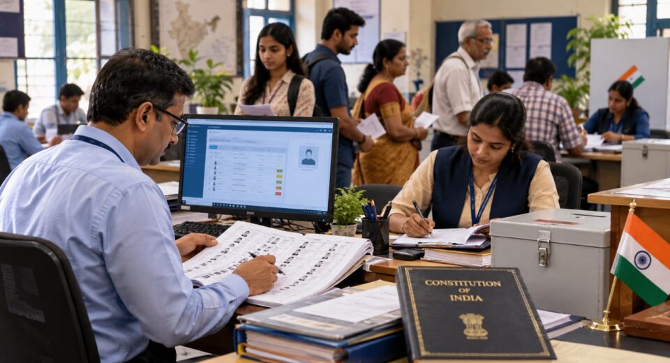 भारतीय निवडणूक कार्यालयात मतदार याद्यांची तपासणी, डिजिटल नोंदणी आणि प्रत्यक्ष पडताळणी करताना अधिकारी यांचे प्रातिनिधिक चित्र