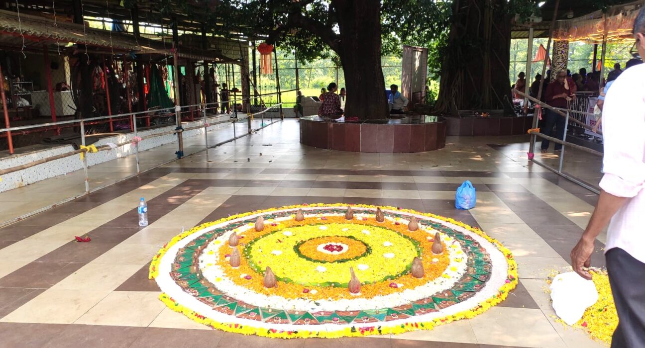 महाड-रायगड मार्गावरील तळोशी गावातील रंगू माता मंदिर परिसरात सजवलेली फुलांची रांगोळी