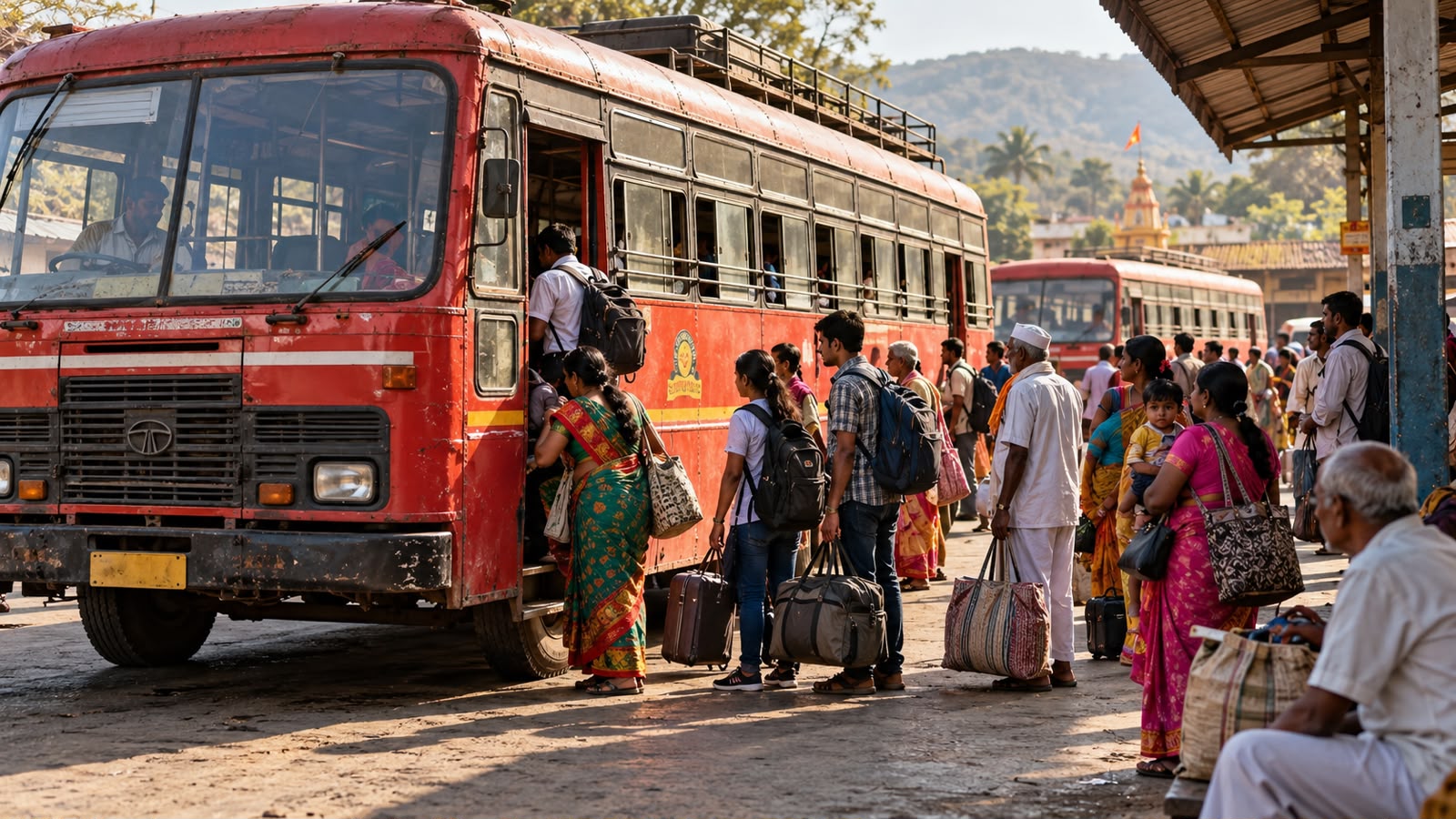 महाराष्ट्रातील एसटीची लालपरी बस आणि दिवाळीनिमित्त प्रवास करणारे प्रवासी दर्शविणारे प्रातिनिधिक चित्र